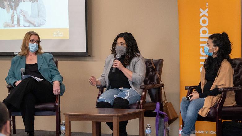 LaunchBox Ladies Series participants speak to crowd at event. 